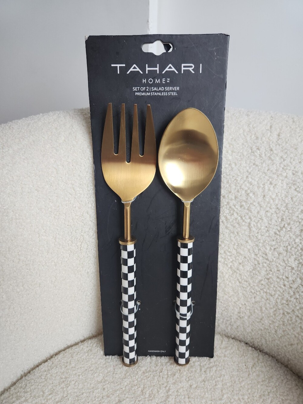 Tahari Gold Salad Servers with Black and White Checkered Handles